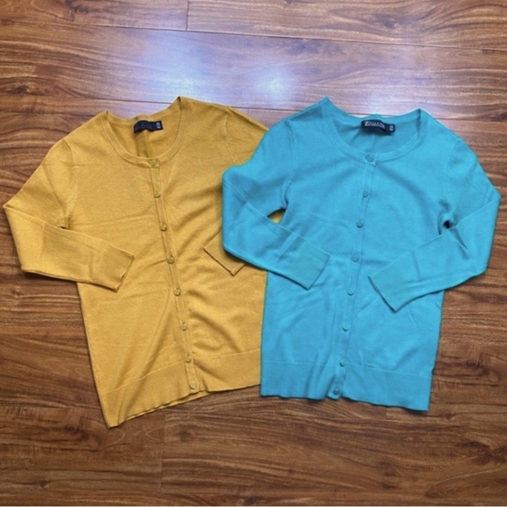 New York & Company Teal + Mustard Soft Button Down Cardigan Size XXS Petite
